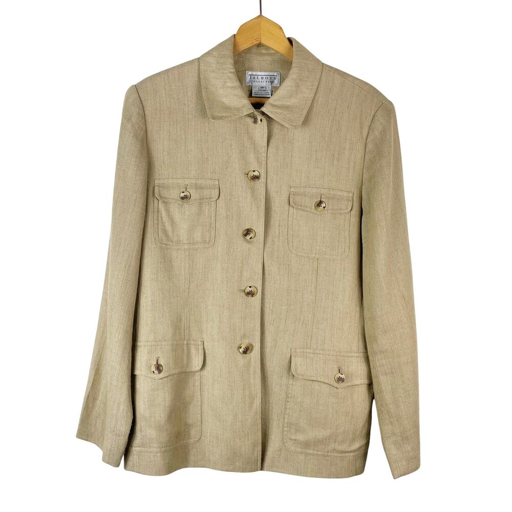 Talbots Women's Tan Brown Utility Shirt Size 16 Textured Pockets Button Down